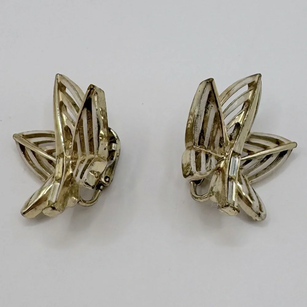 CORO Vintage Gold-Tone Crystal & Enamel Leaf Clip-On Earrings
